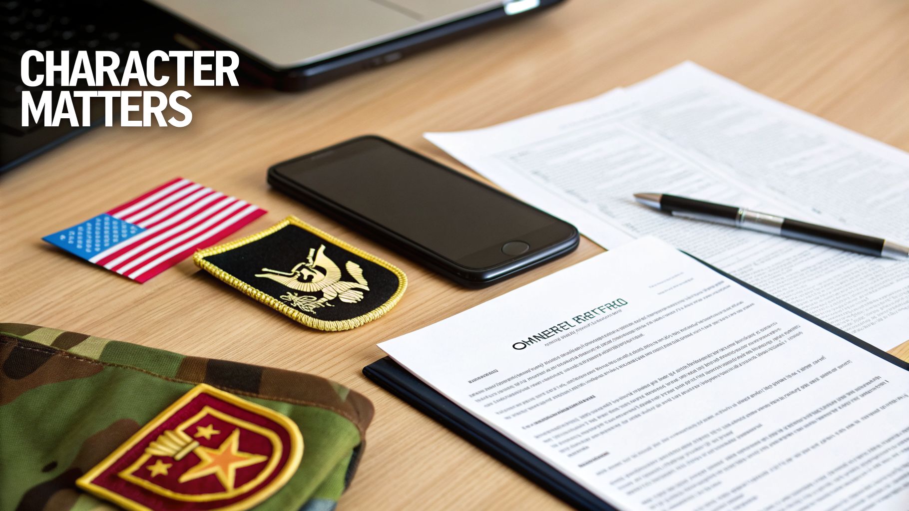 A military-themed desk with uniform, patches, documents, a phone, and a laptop.