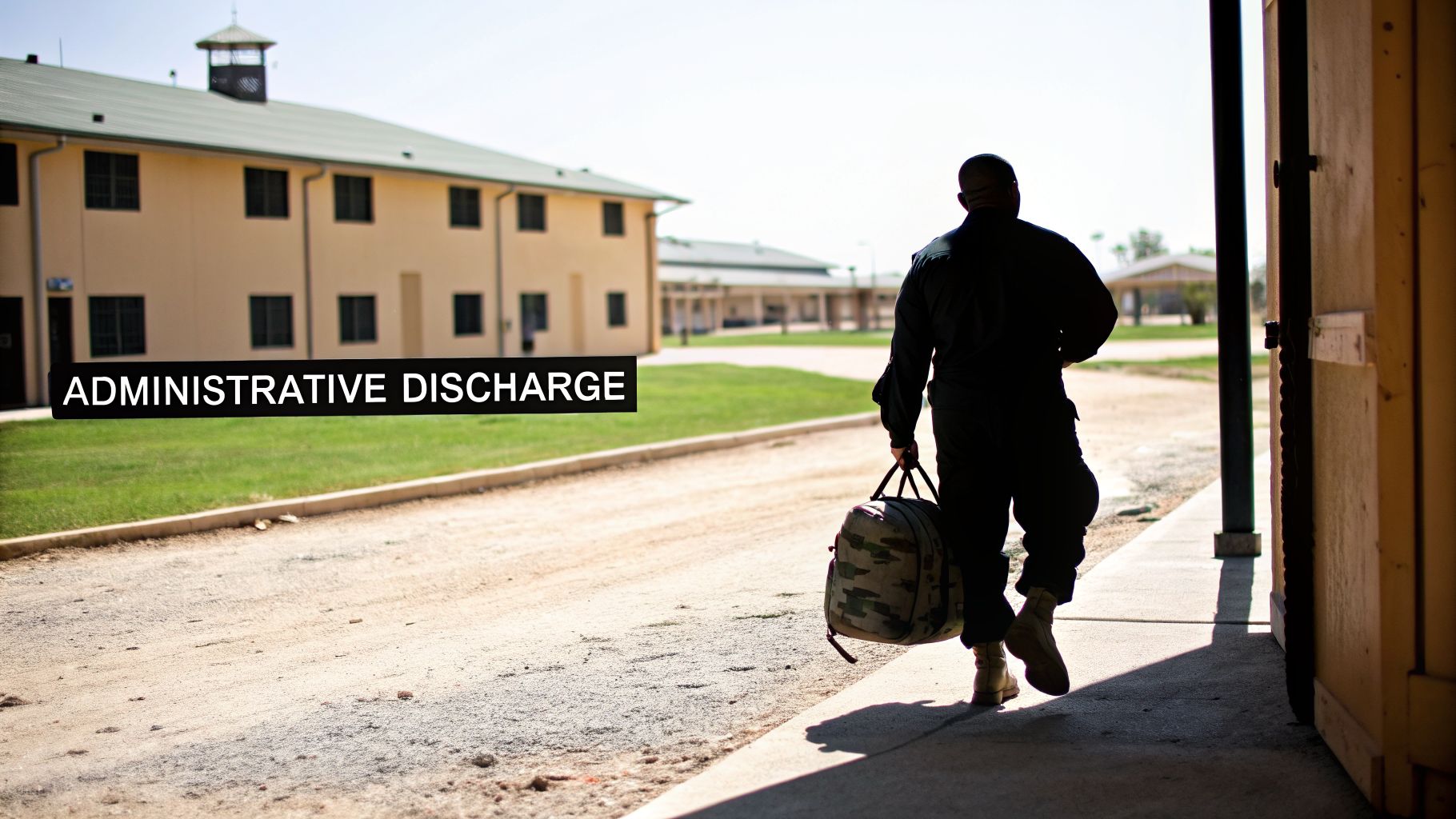 A person in military uniform walks away, carrying a duffel bag from a base, with 'ADMINISTRATIVE DISCHARGE' text overlay.