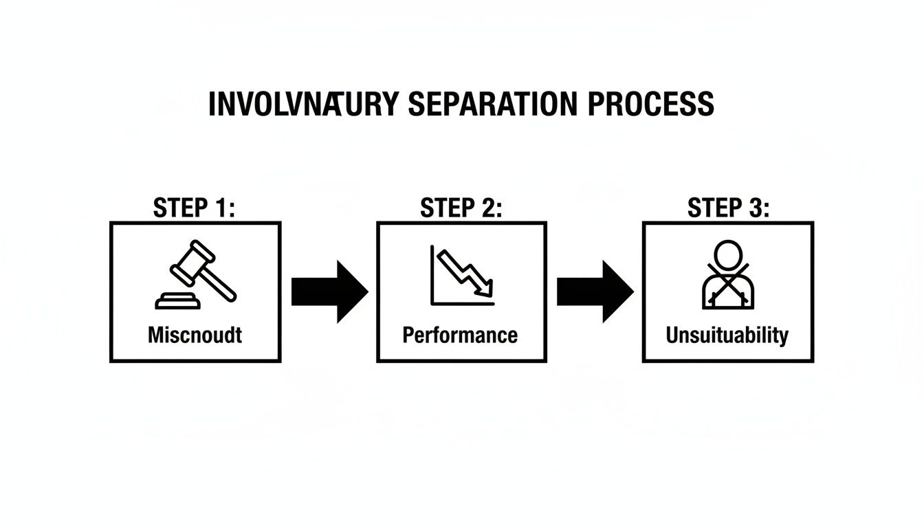 Flowchart detailing the involuntary separation process through misconduct, performance issues, or unsuitability.