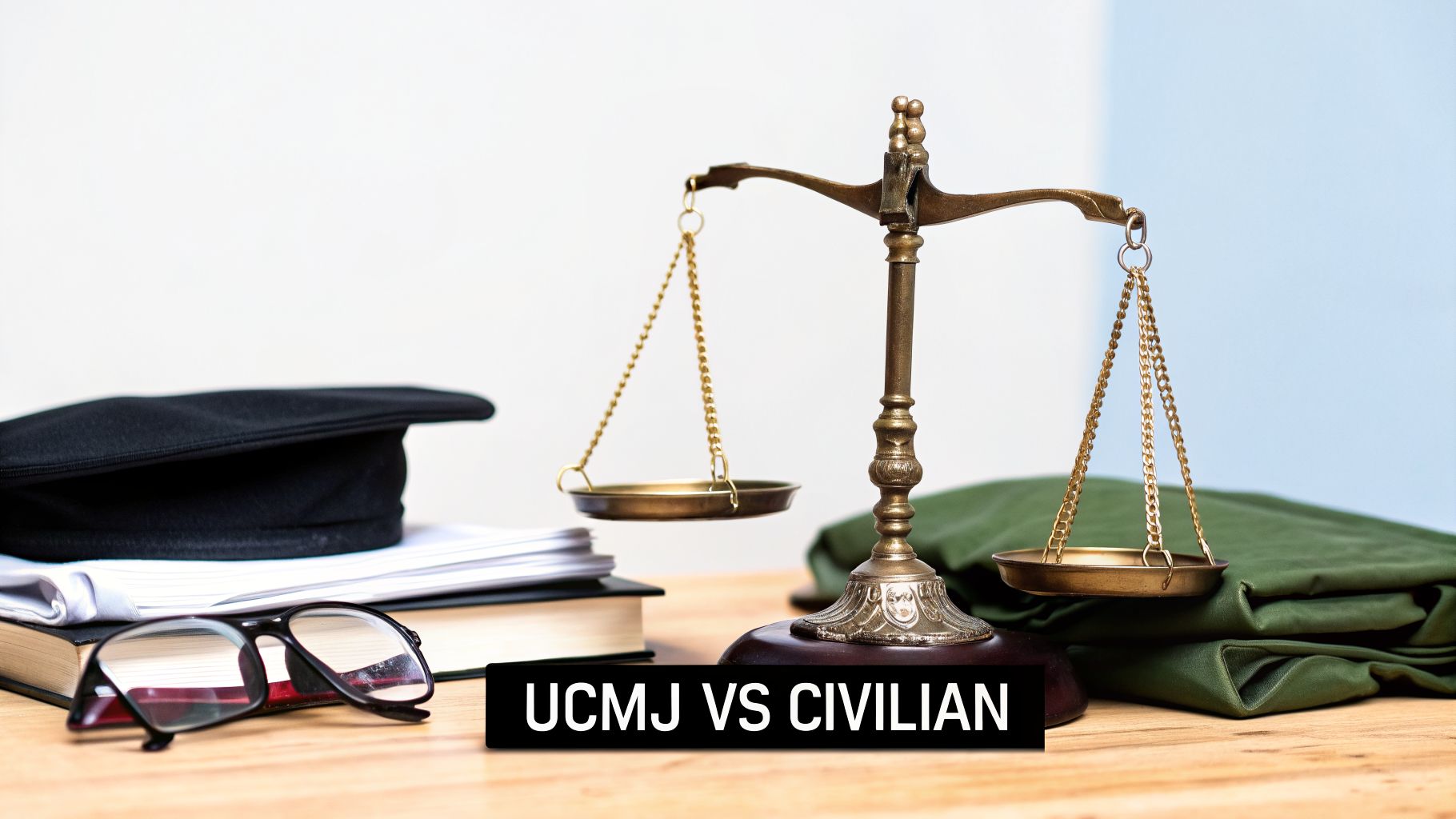 Scale of justice, law books, and a graduation cap on a desk, with text 'UCMJ VS CIVILIAN'.