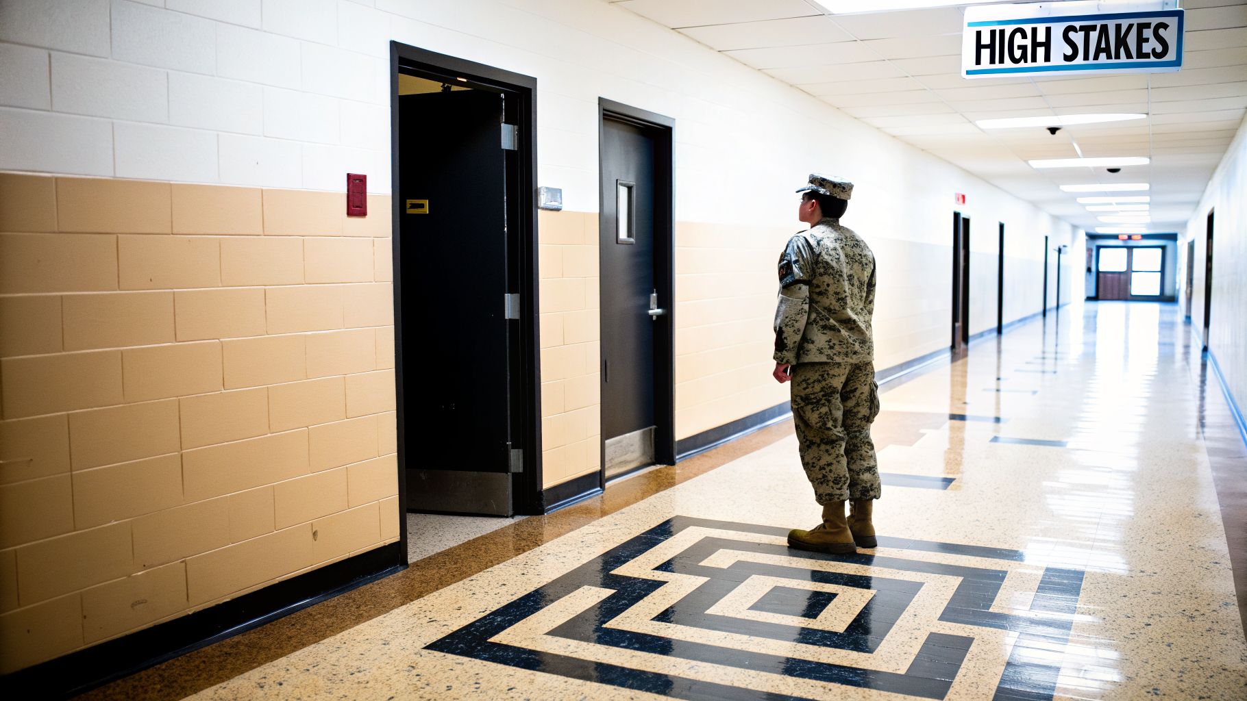 A person in military uniform stands in a brightly lit hallway with patterned floors and black doors, under a "HIGH STAKES" sign.