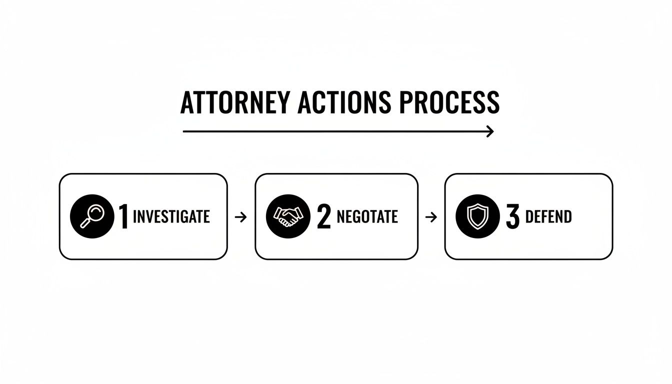 A black and white flowchart outlining the attorney actions process: investigate, negotiate, and defend.