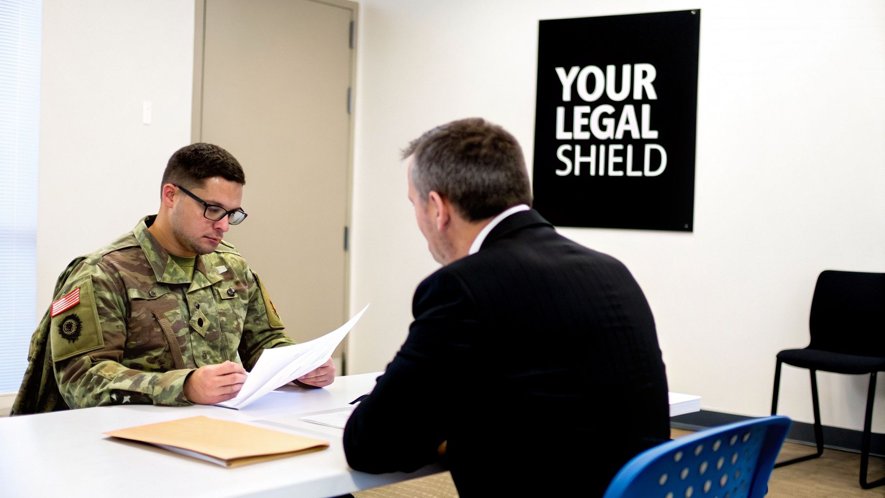 A service member in uniform reviews documents with a lawyer in an office with a 'Your Legal Shield' sign.