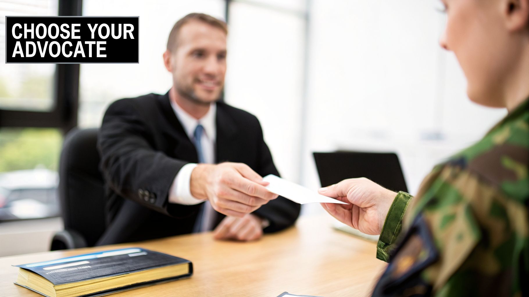 A male attorney in a suit hands a business card to a military service member, text says 'CHOOSE YOUR ADVOCATE'.