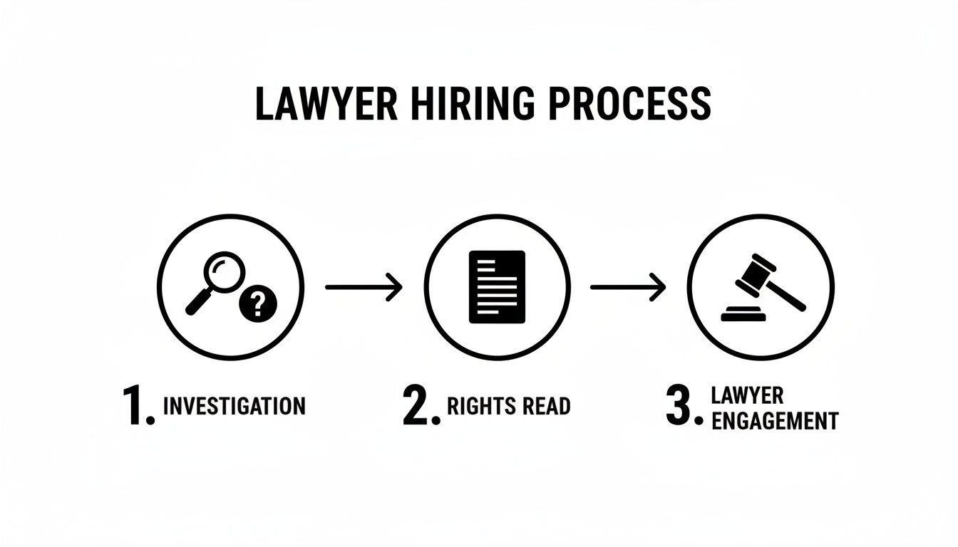 Flowchart showing three steps of the lawyer hiring process: investigation, rights read, and lawyer engagement.