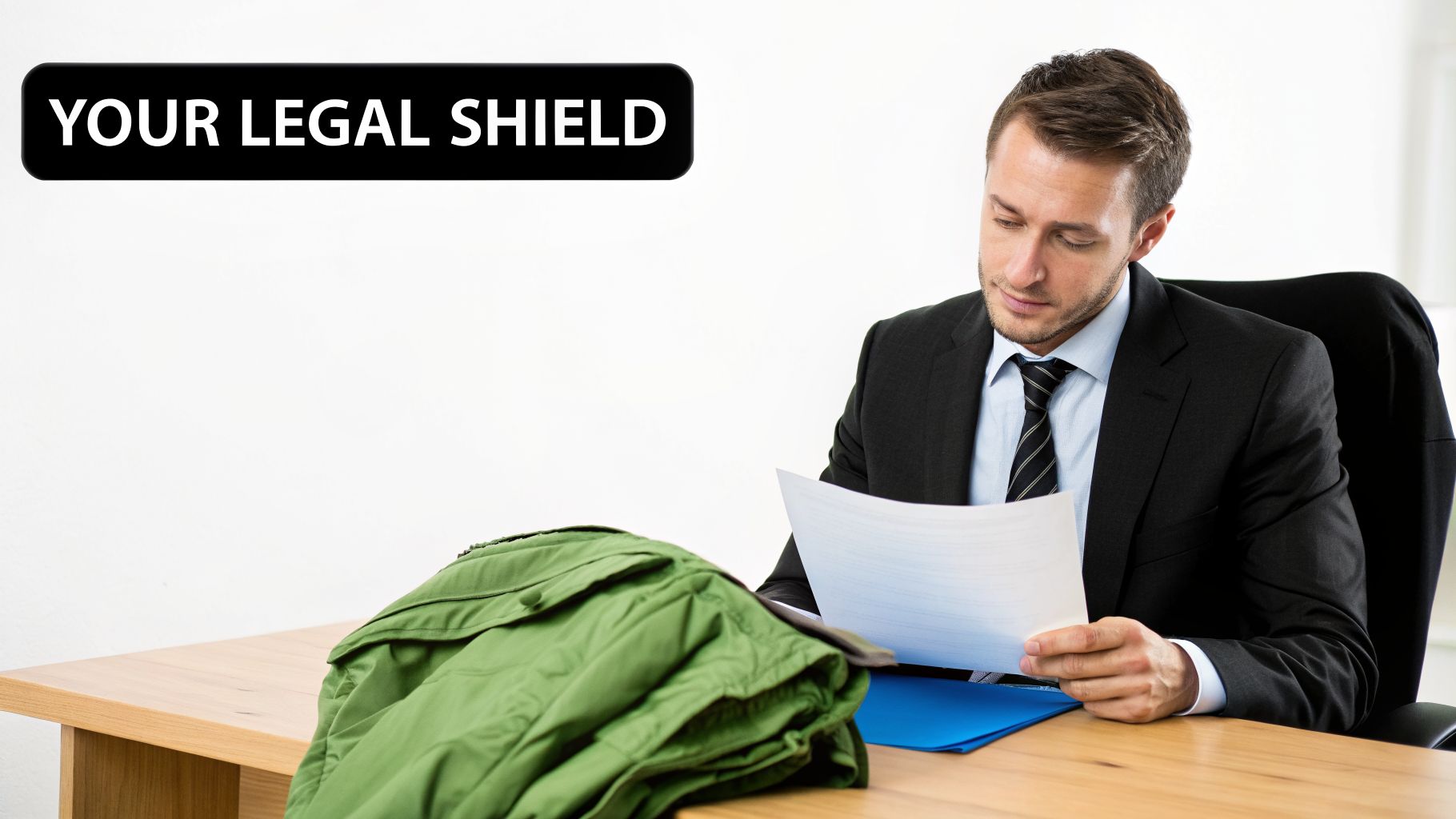 A male lawyer in a suit reviews documents at a wooden desk with a green coat nearby, under text 'YOUR LEGAL SHIELD'.