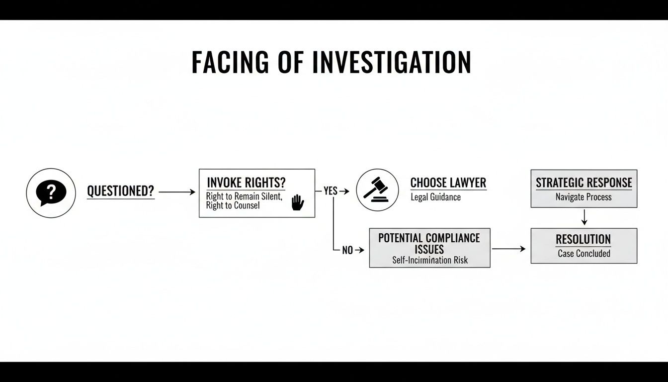 Flowchart illustrating the process of facing a legal investigation, emphasizing rights and legal counsel.