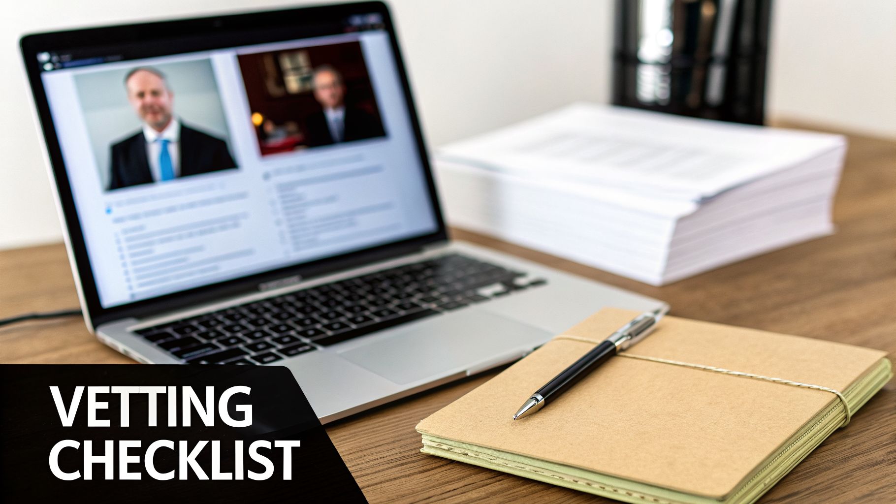 A laptop screen shows profiles of two professionals, with a stack of papers and a notebook nearby, suggesting a vetting process.