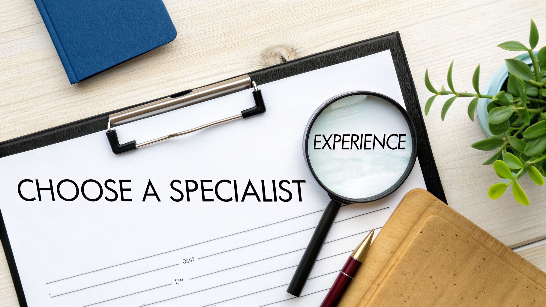 A flat lay of a clipboard with 'CHOOSE A SPECIALIST' and a magnifying glass over 'EXPERIENCE'.