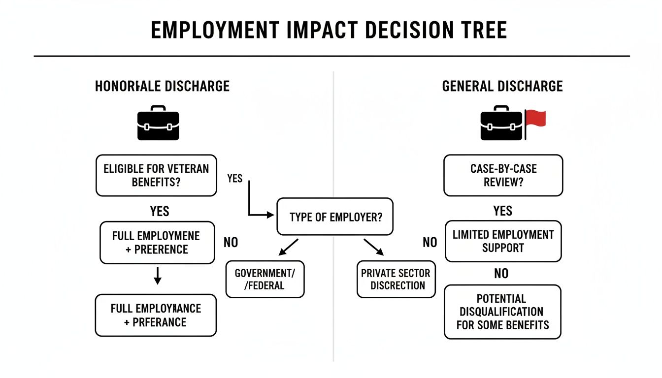 Decision tree showing employment impact and benefits for honorable versus general military discharge.