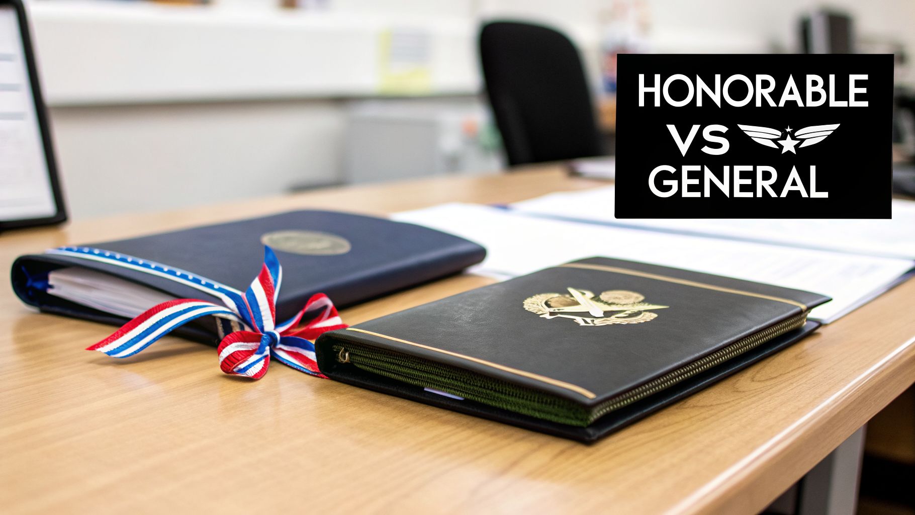 Two professional binders on a wooden desk, one with a patriotic ribbon, with a 'Honorable vs General' title.