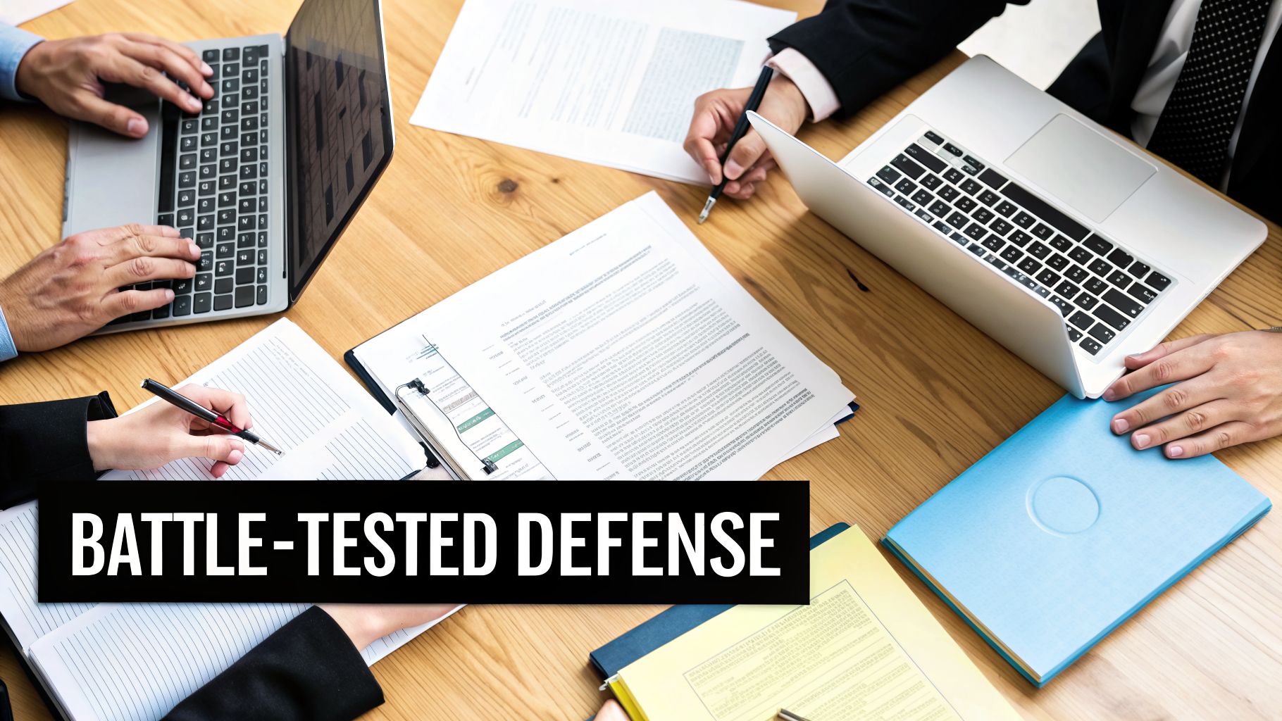 An aerial view of a diverse legal team collaborating at a wooden table with laptops and documents, featuring the text 'BATTLE-TESTED DEFENSE'.