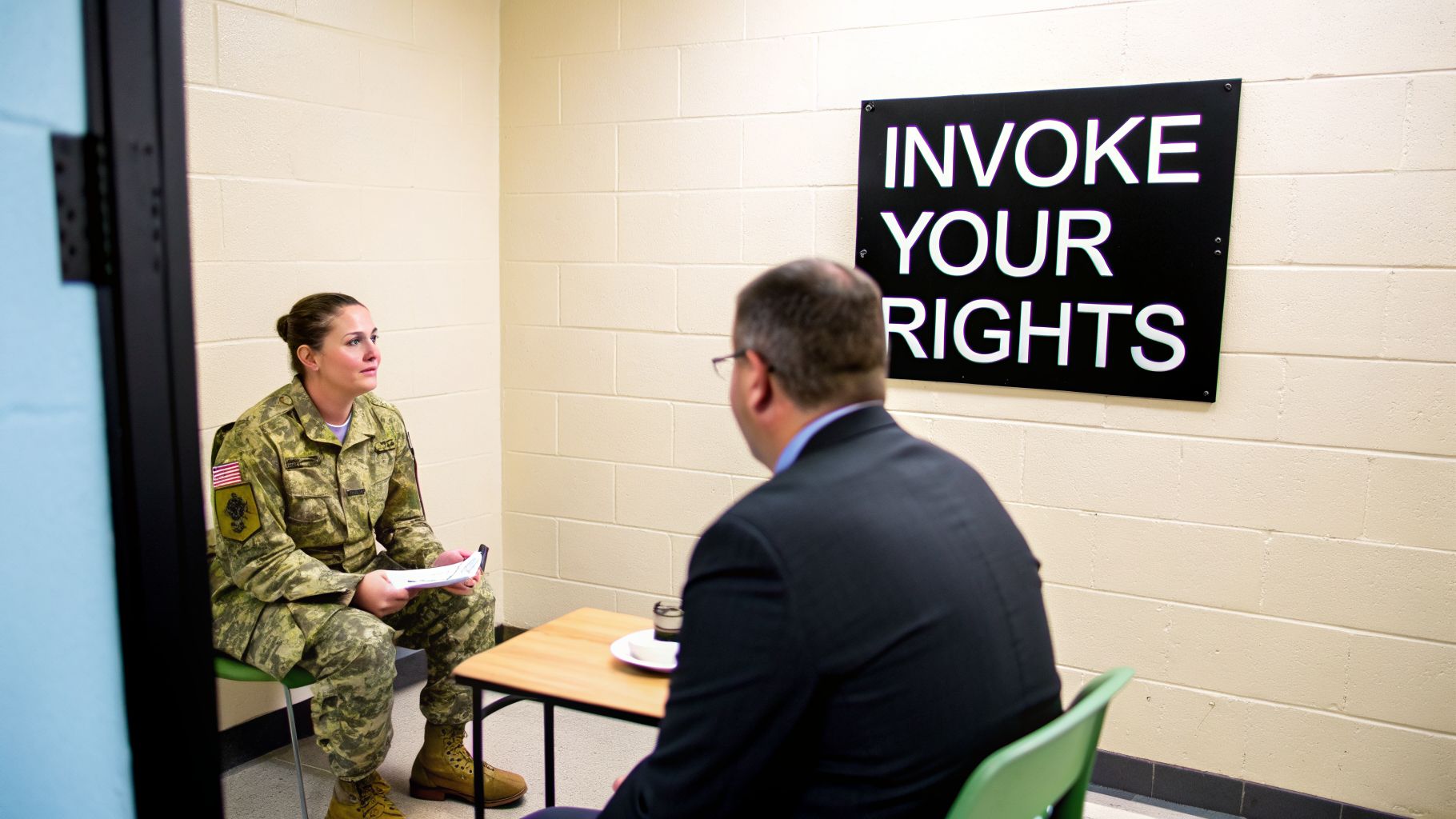 A uniformed soldier sits opposite a man in a suit, under an "INVOKE YOUR RIGHTS" sign.