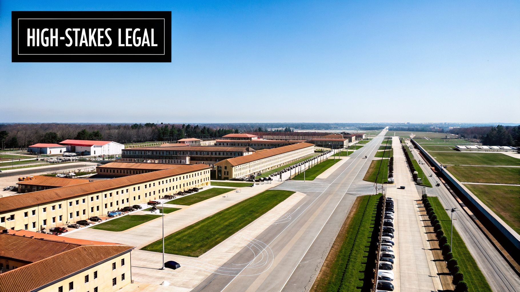 Secure Your Future with Fort Bragg Military Defense Lawyers 2 Aerial view of a sprawling military base with long buildings, roads, and vehicles, featuring 'HIGH-STAKES LEGAL' text.
