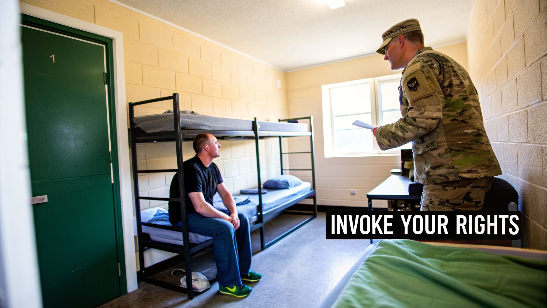 Secure Your Future with Fort Bragg Military Defense Lawyers 1 A soldier in uniform speaks to a civilian sitting on a bunk bed in a barracks room with 'INVOKE YOUR RIGHTS' text.