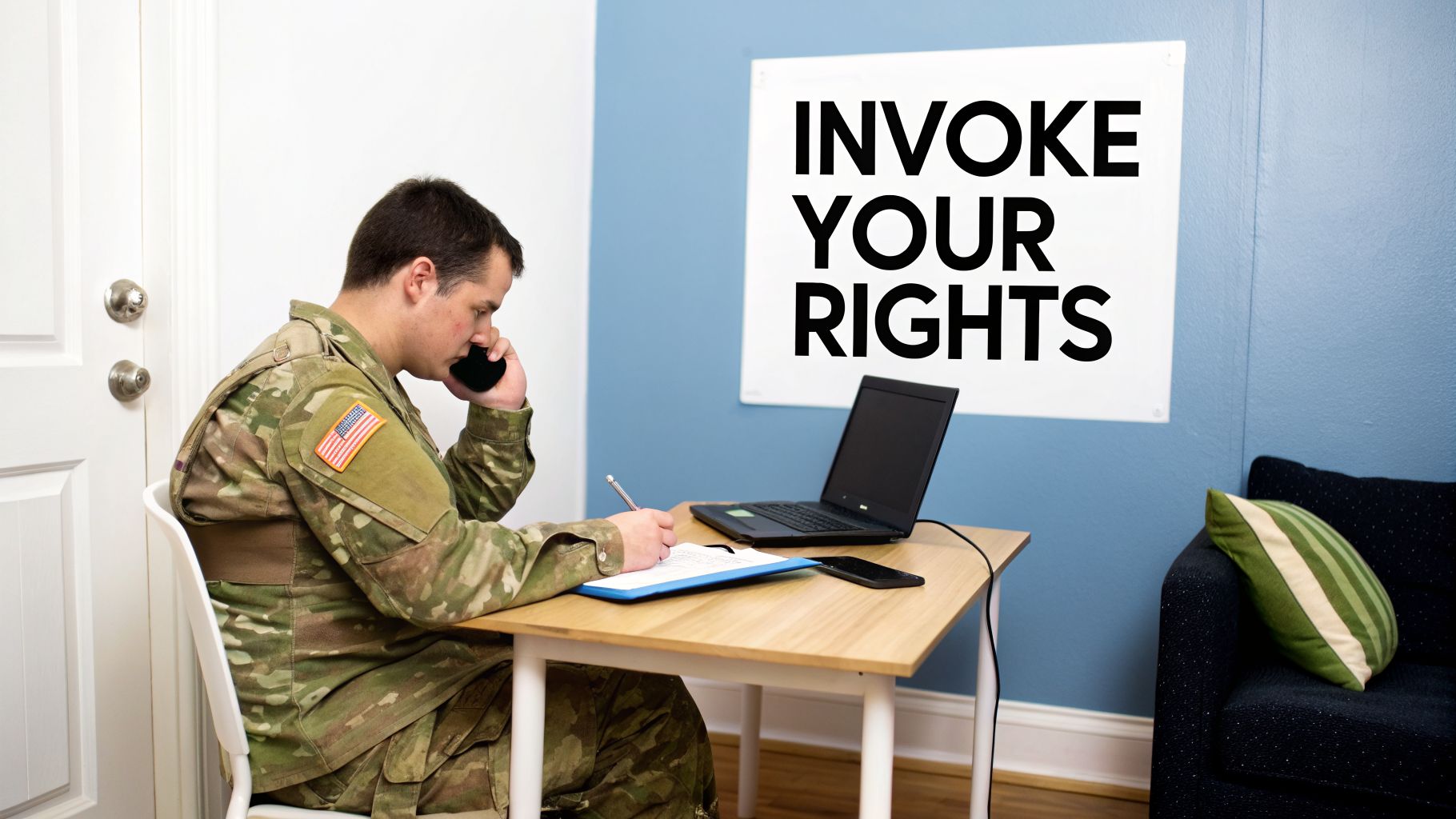A soldier on the phone, writing at a desk, with an 'INVOKE YOUR RIGHTS' sign.