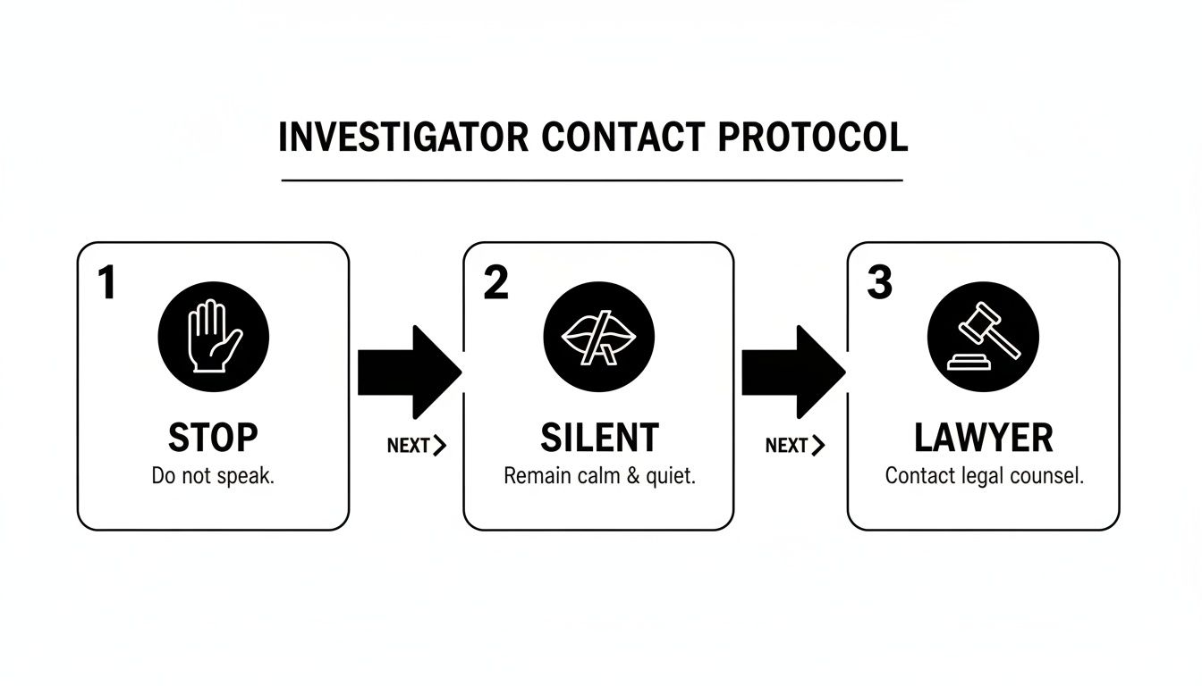 An infographic showing the investigator contact protocol: Stop, Silent, Lawyer with icons and instructions.