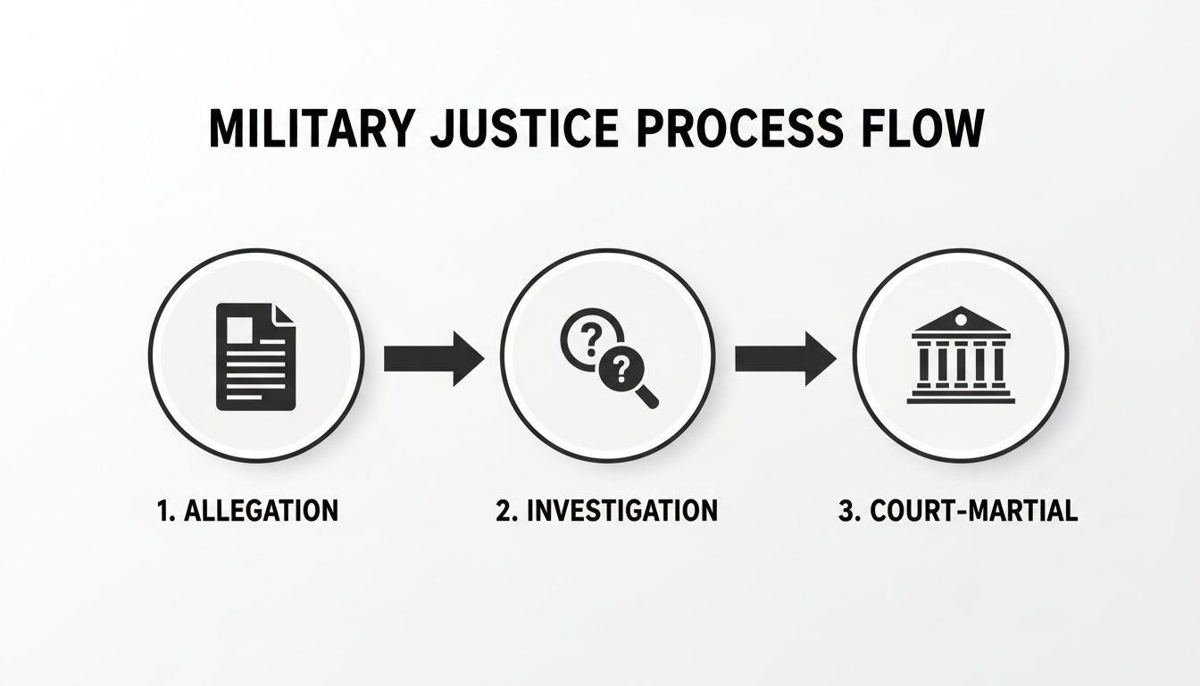 A diagram illustrating the military justice process flow: allegation, investigation, and court-martial.