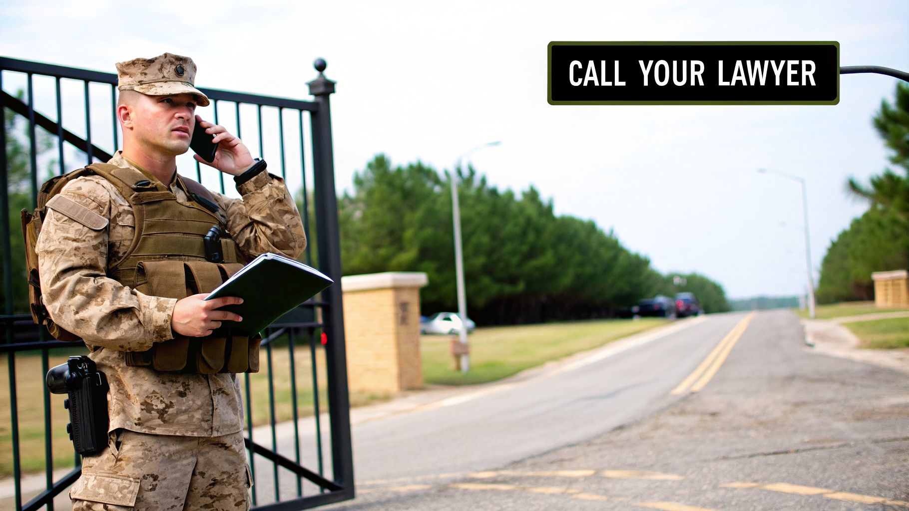 A military service member in uniform talks on a phone, holding a binder, under a "CALL YOUR LAWYER" sign.