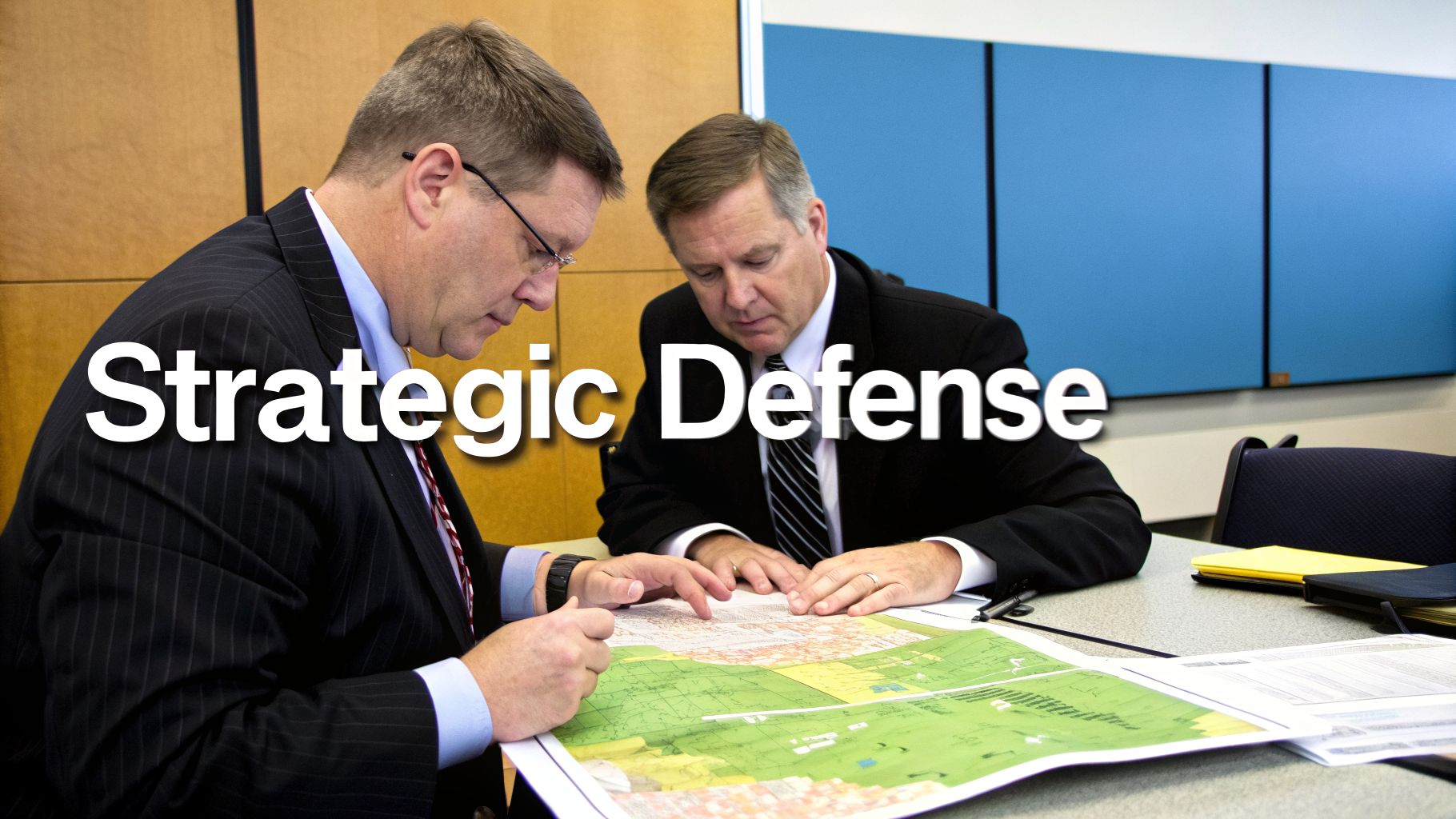 Two men in suits intently review a map on a table for strategic defense planning.