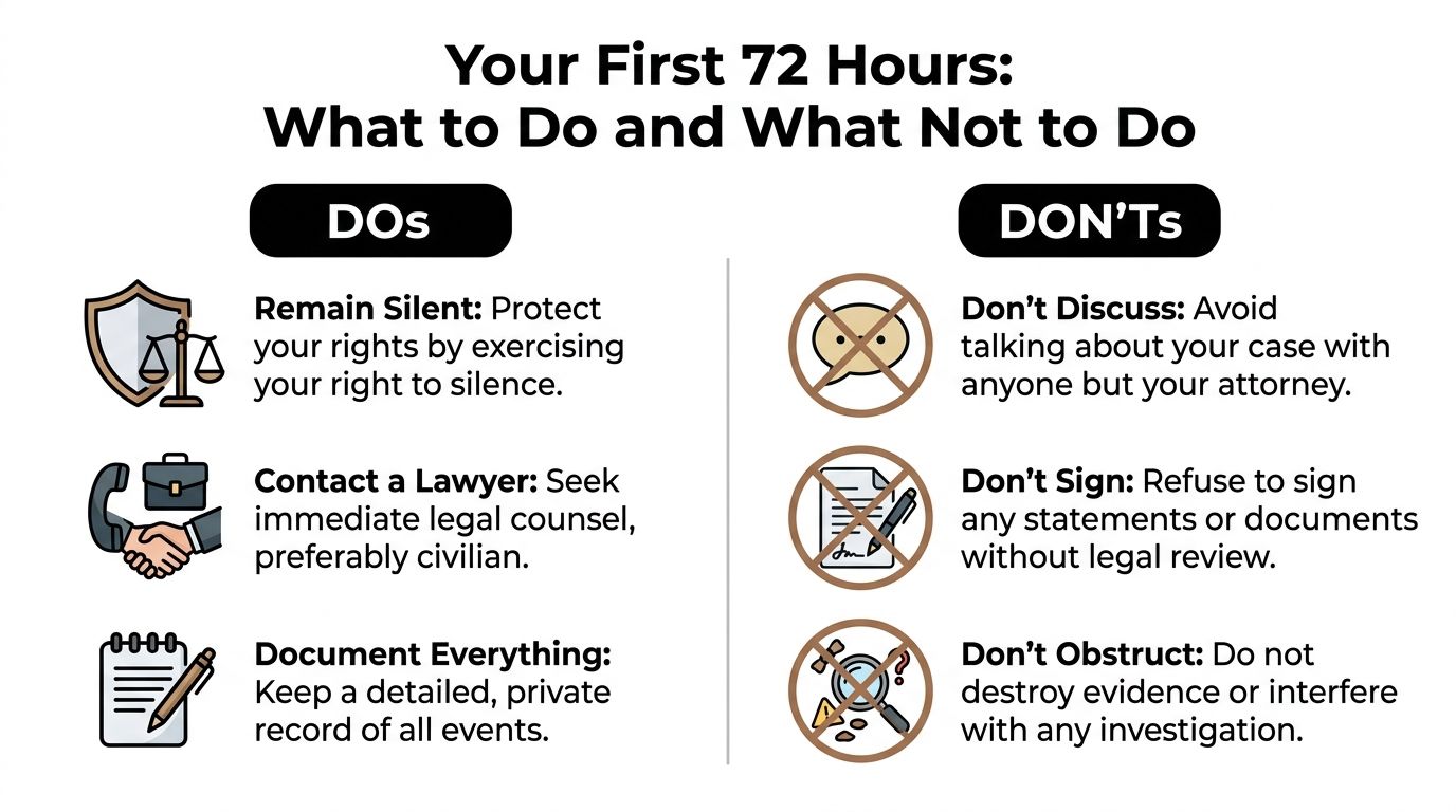 Fort Belvoir Military Defense Lawyers: A Survivor's Guide 2 An infographic titled Your First 72 Hours outlining essential legal dos and don'ts for individuals.