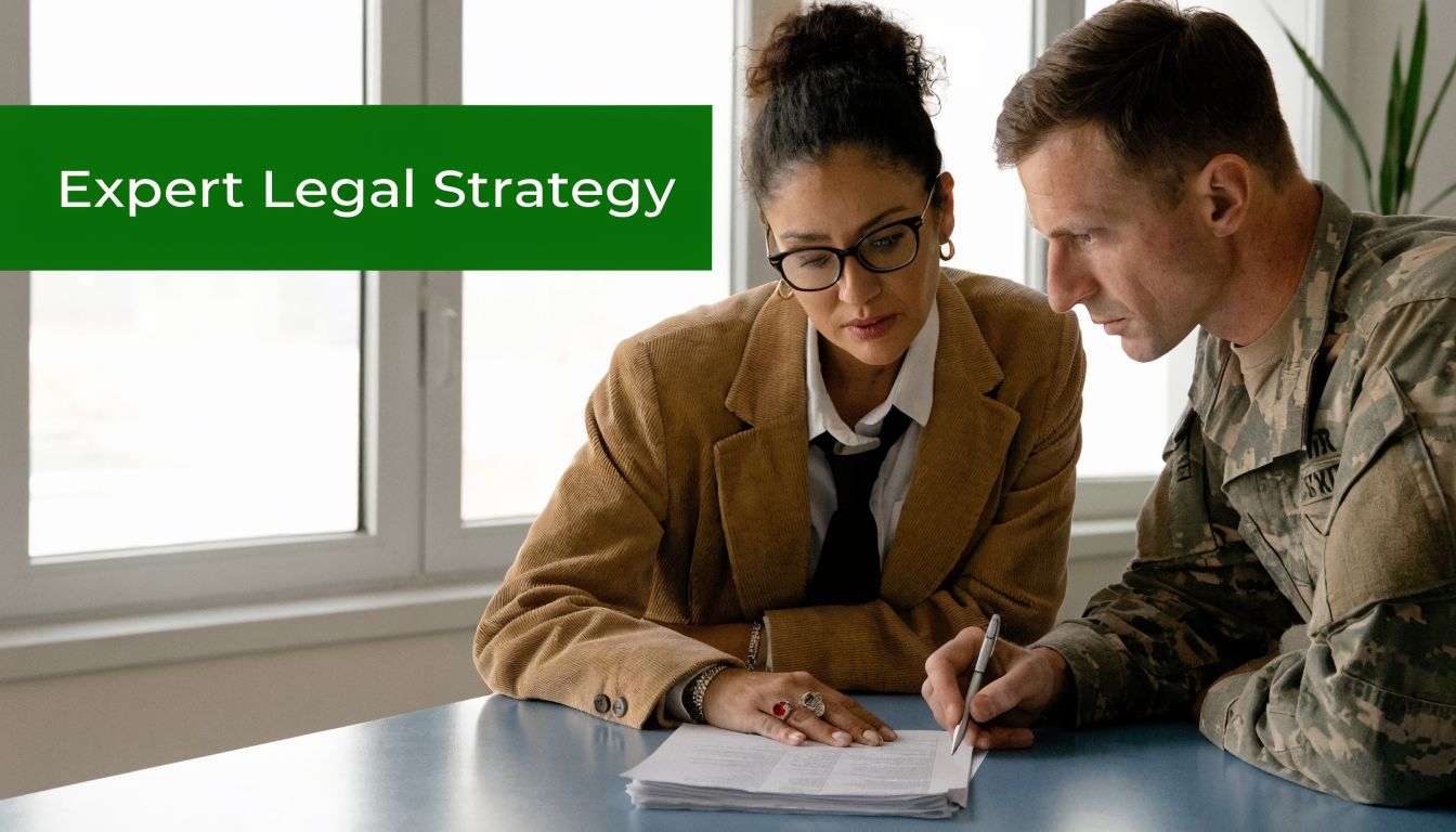 A female lawyer in a brown blazer consults with a military officer over legal documents in office.