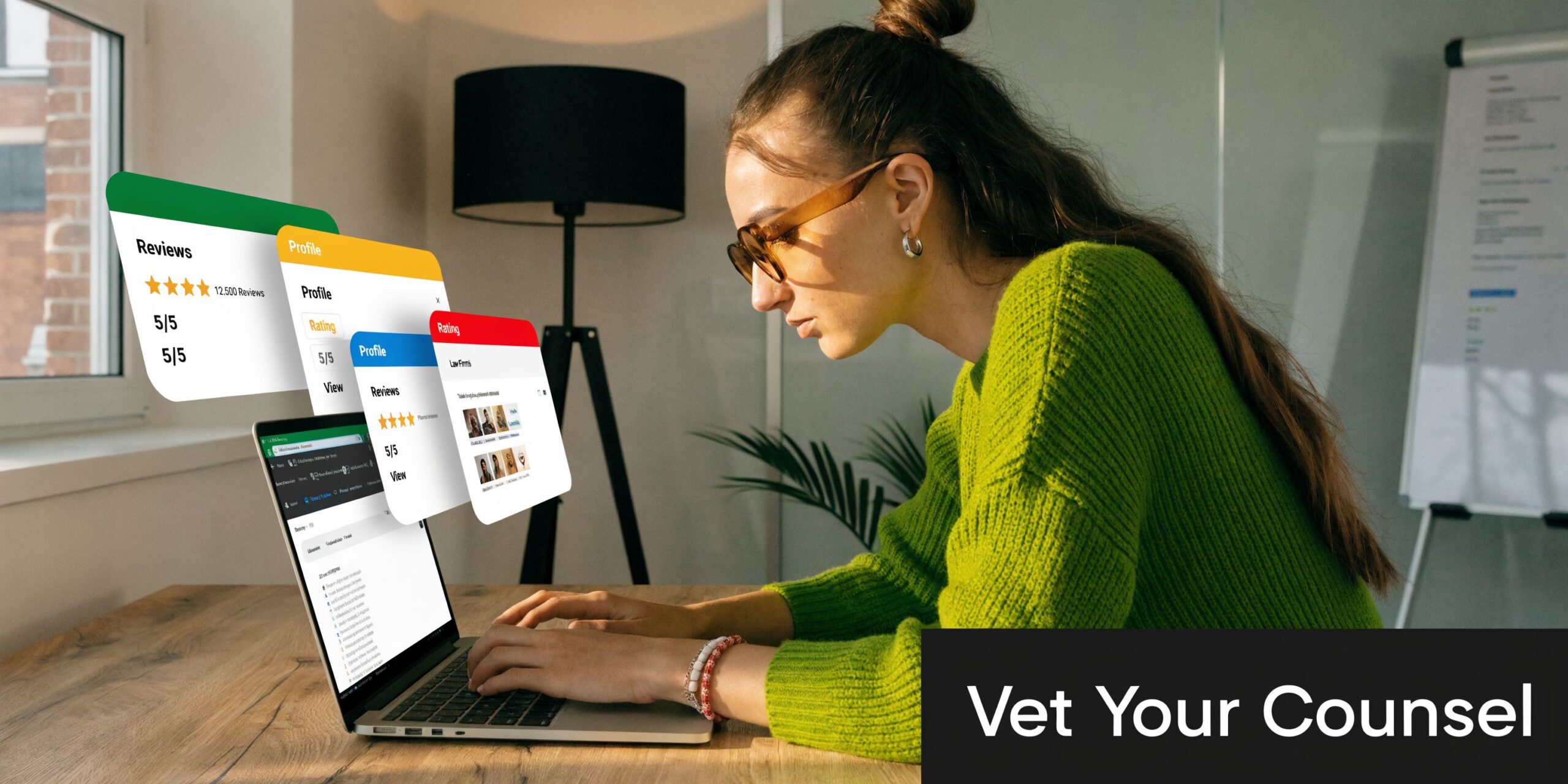 Fort Belvoir Military Defense Lawyers: A Survivor's Guide 3 A young woman wearing glasses and a green sweater uses a laptop to research professional law firm reviews.