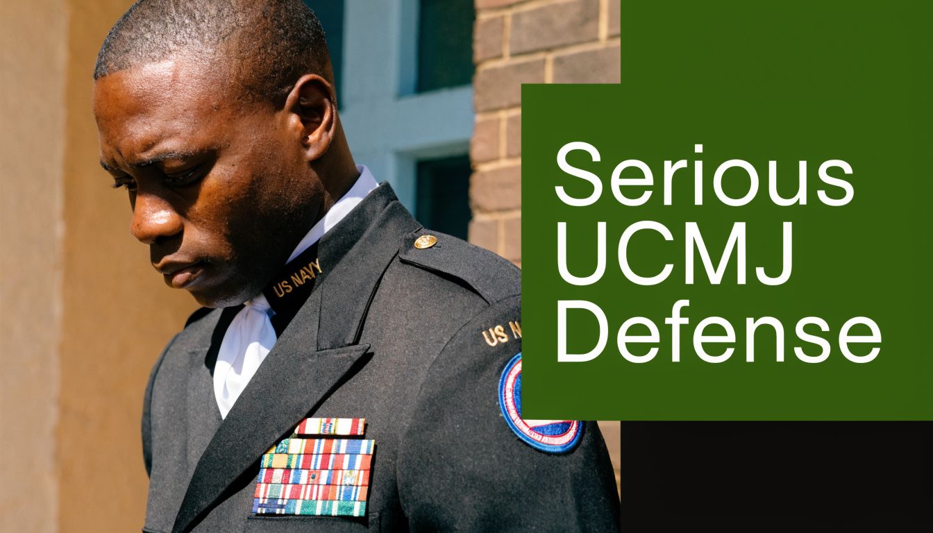 A United States Navy officer looking down in a somber pose, representing military legal defense services.