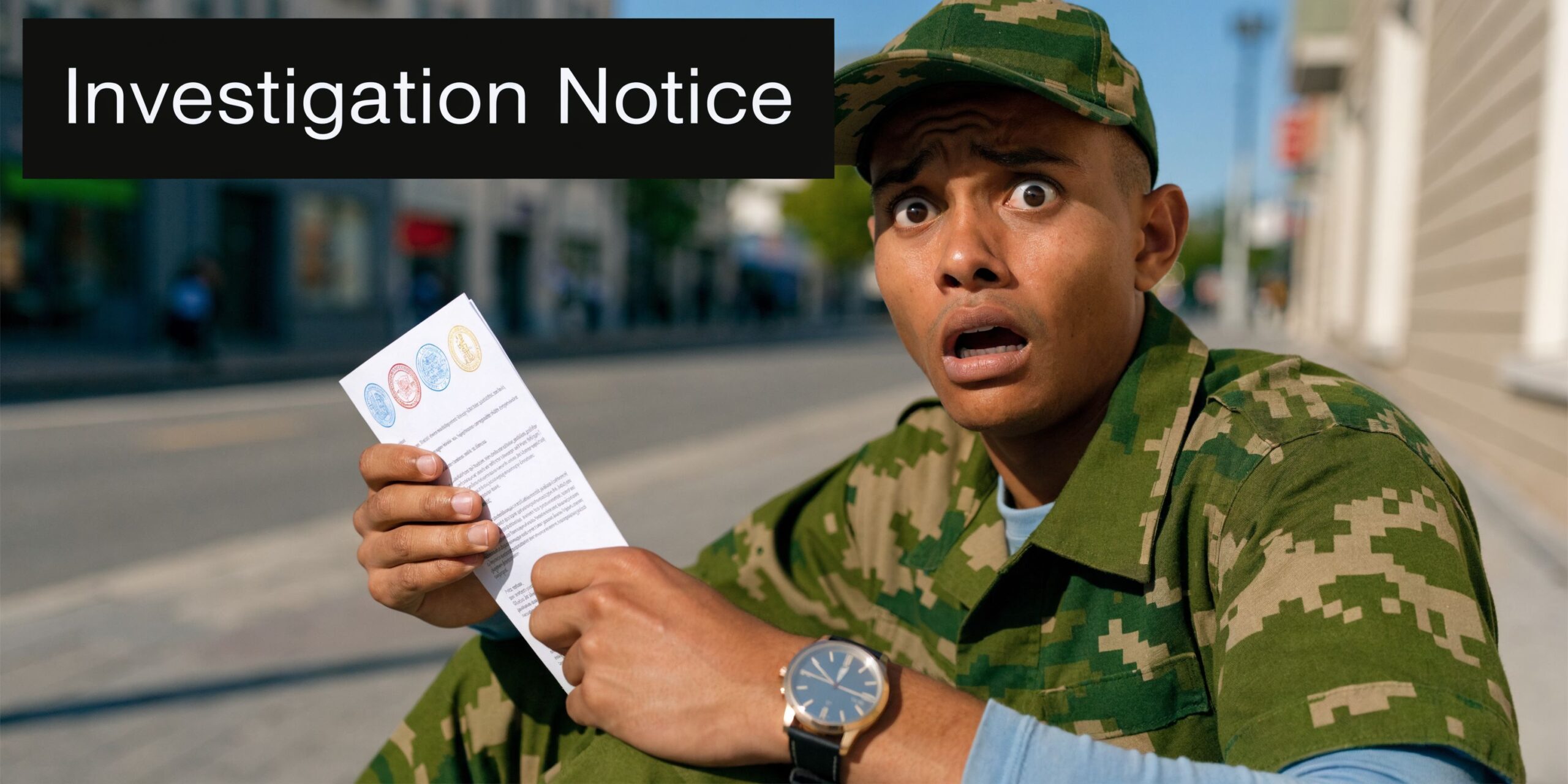 Fort Belvoir Military Defense Lawyers: A Survivor's Guide 1 A shocked soldier in camouflage uniform holding an official looking investigation notice document on a city street.