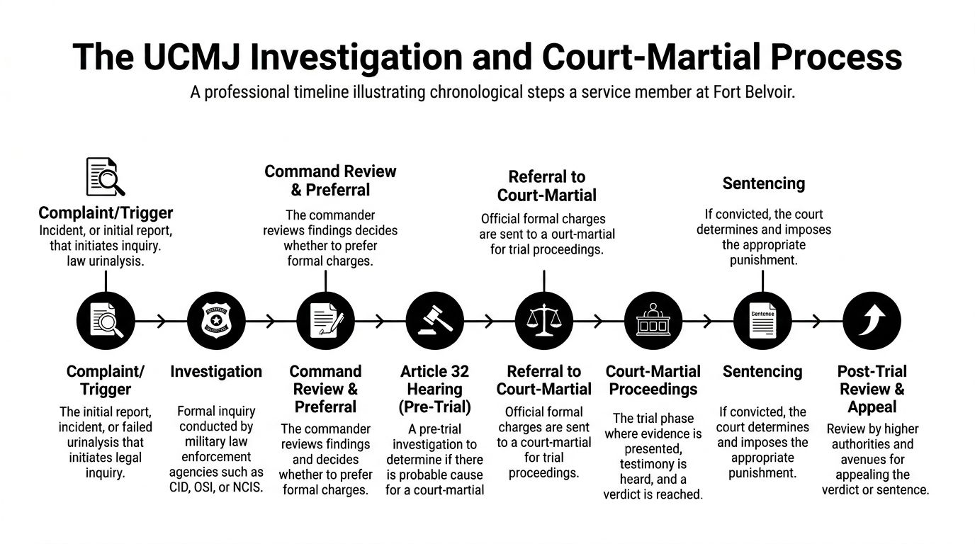 A flowchart infographic detailing the chronological steps of the military investigation and court-martial process at Fort Belvoir.