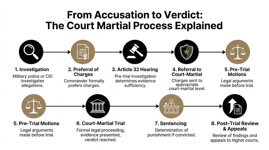 An infographic diagram illustrating the eight steps of the military court martial legal process from investigation to appeal.