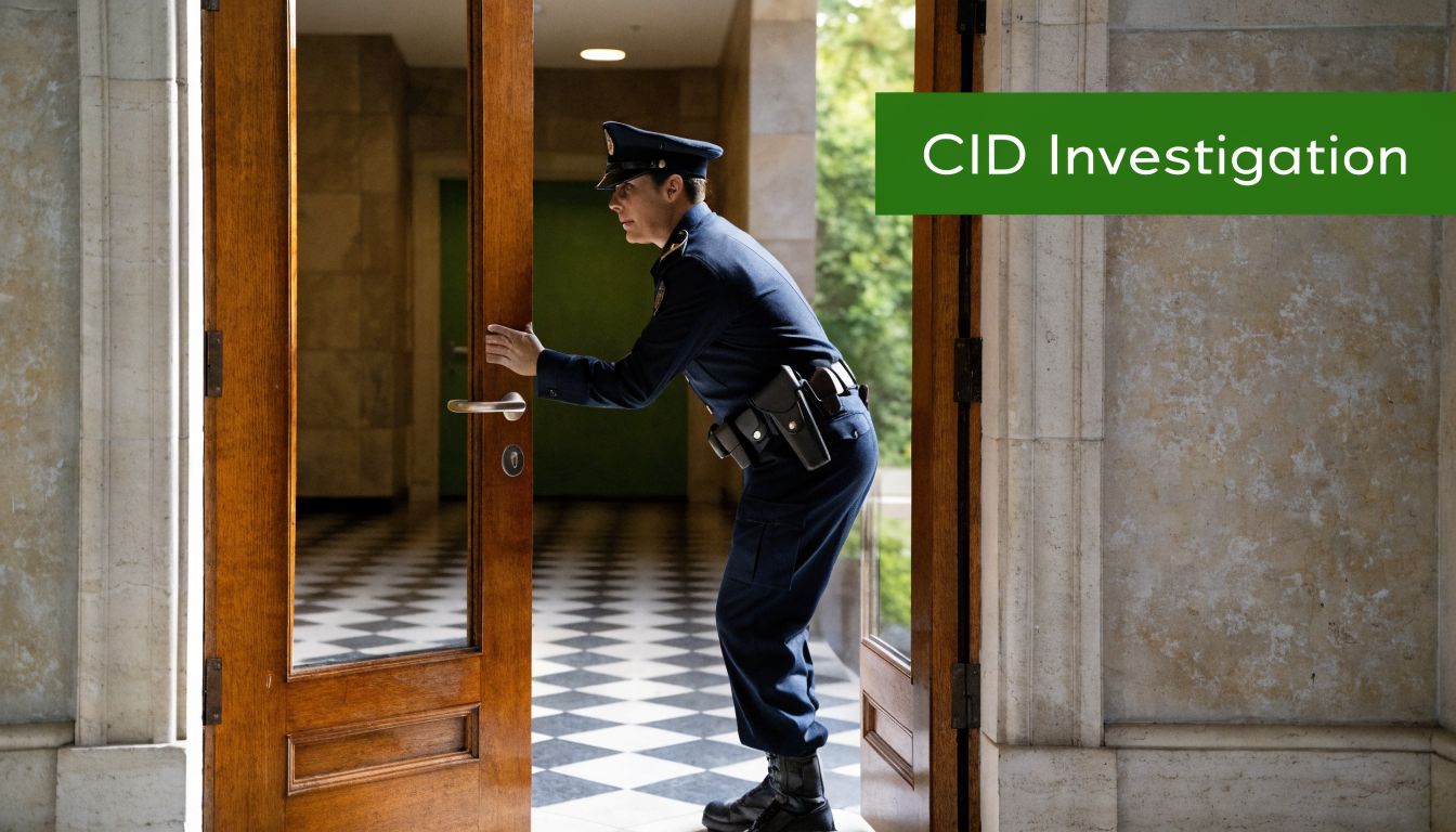 A uniformed police officer cautiously opens a large wooden door to check a building interior.