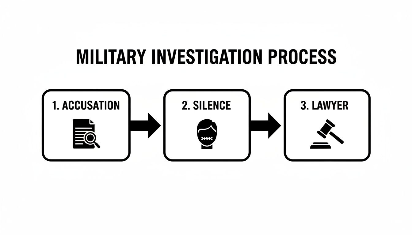 Flowchart outlining the military investigation process with accusation, silence, and legal representation.