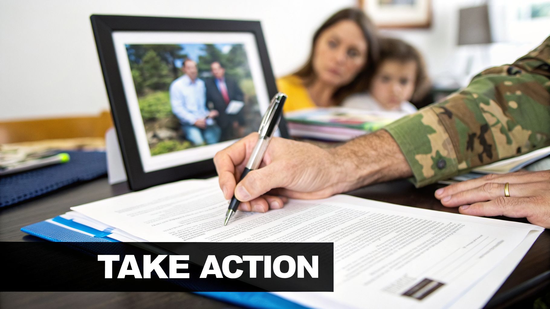 Military person signing official documents at a desk, with their family watching in the background.