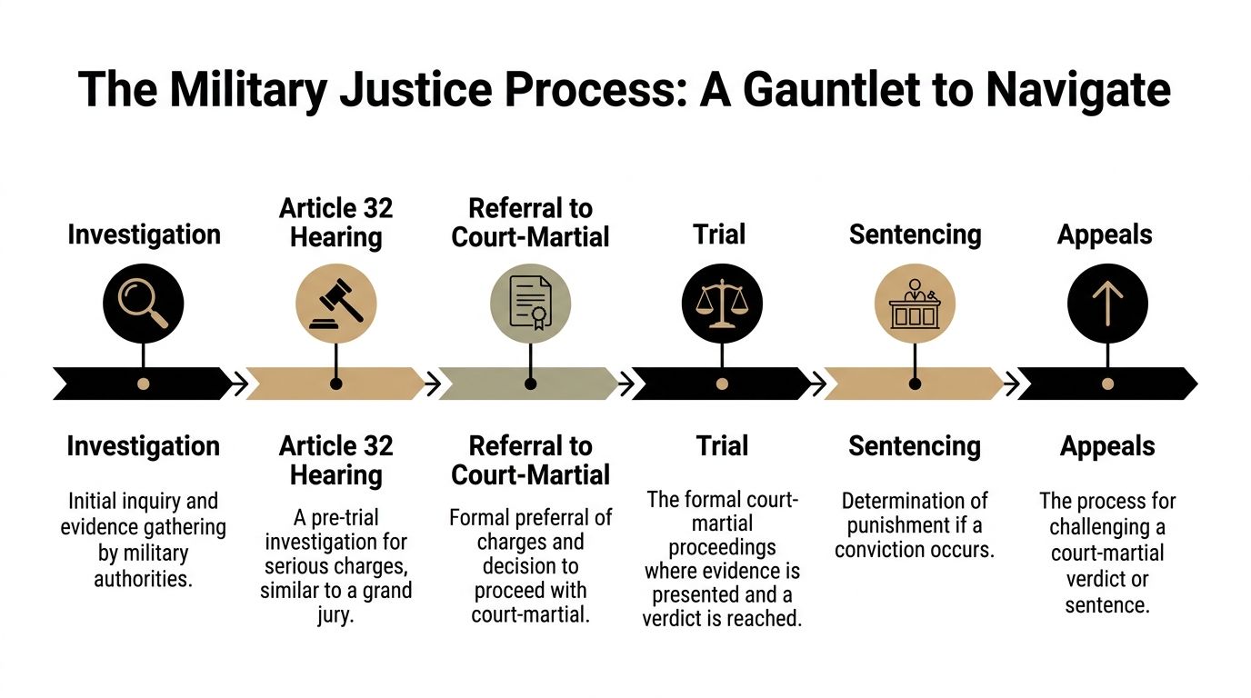 A flowchart infographic titled The Military Justice Process showing the steps from investigation to appeals.
