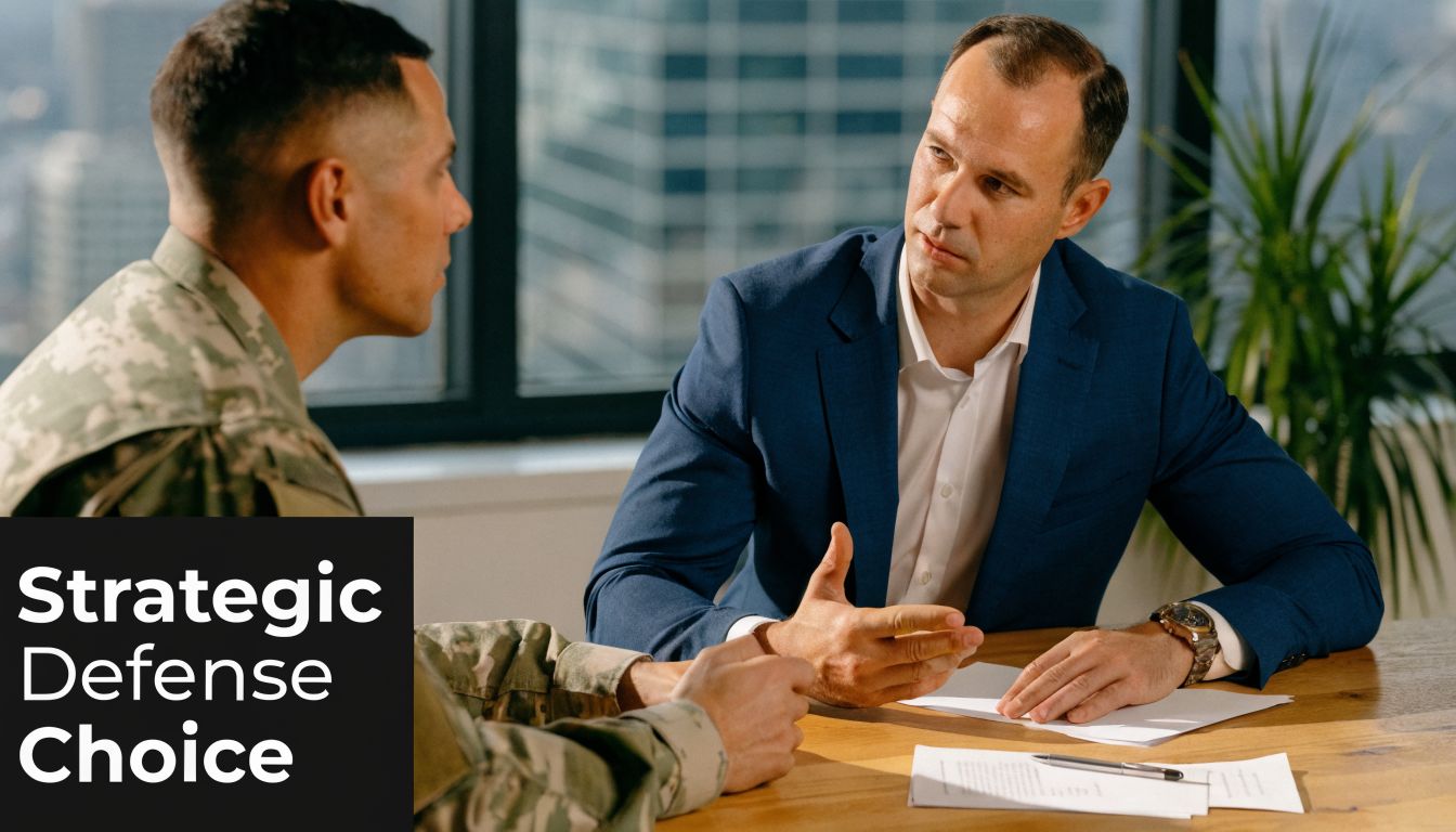 A professional man in a blue suit consults with a military officer at a wooden office desk.