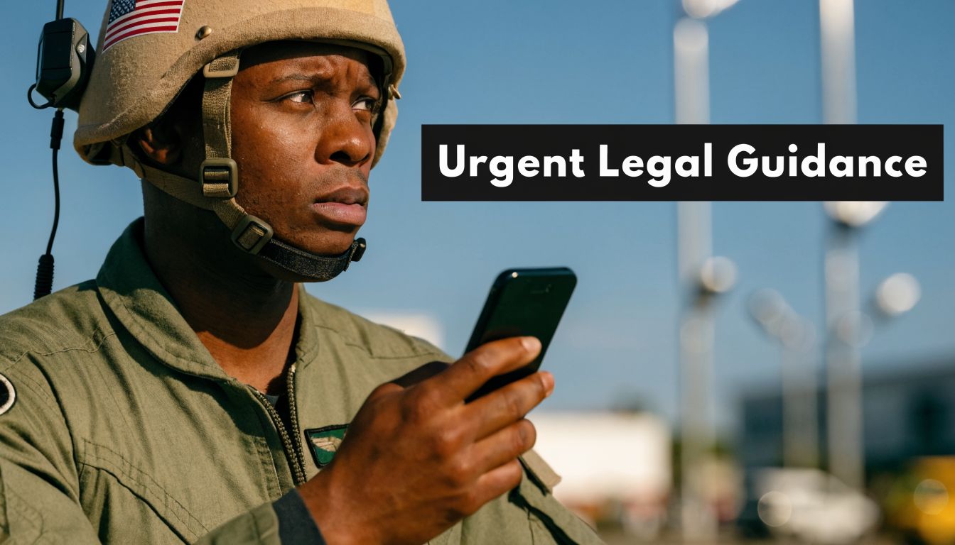 A soldier in uniform and tactical helmet looks concerned while using a smartphone for communication outdoors.