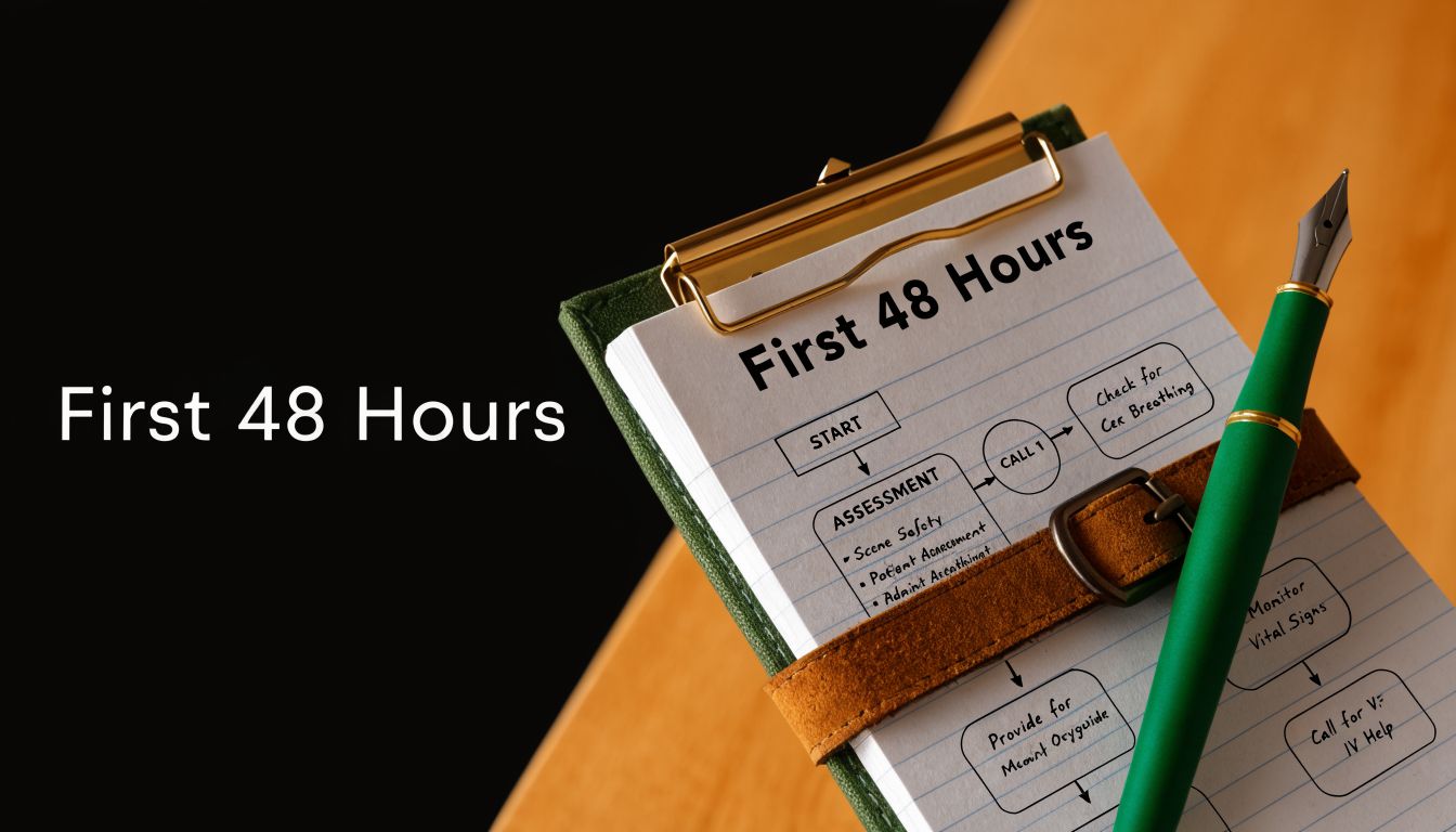 A notepad on a wooden desk with a flowchart labeled First 48 Hours and a green fountain pen.