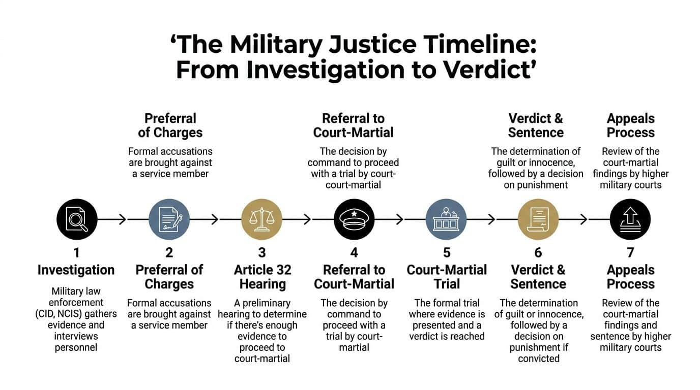 A timeline graphic illustrating the seven stages of the military justice system from investigation through appeals process.