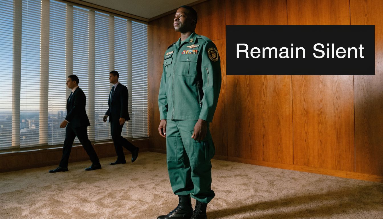 A military officer stands in a professional office while two men in suits walk in the background.