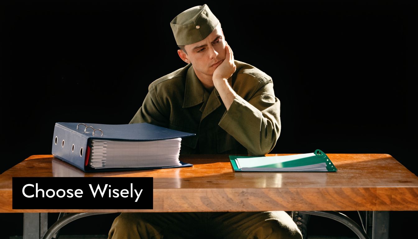 A pensive military soldier sitting at a desk with two folders, contemplating a difficult choice.