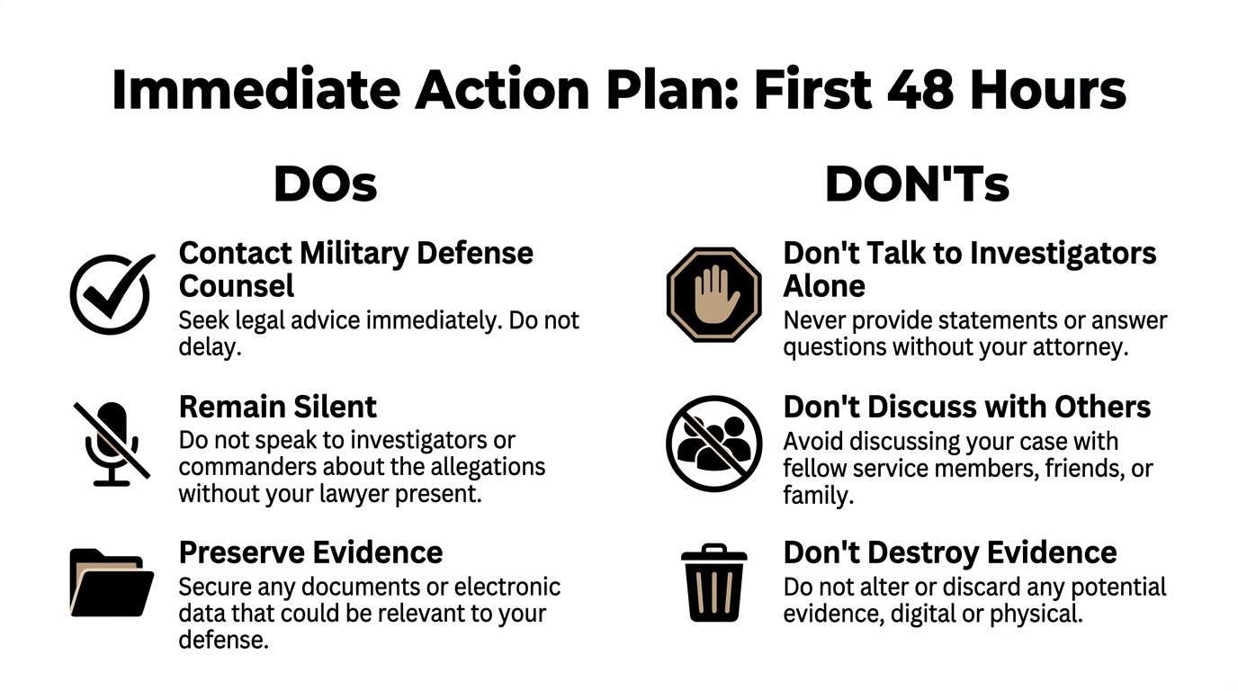 An infographic detailing essential dos and don'ts for service members to follow during the first 48 hours.