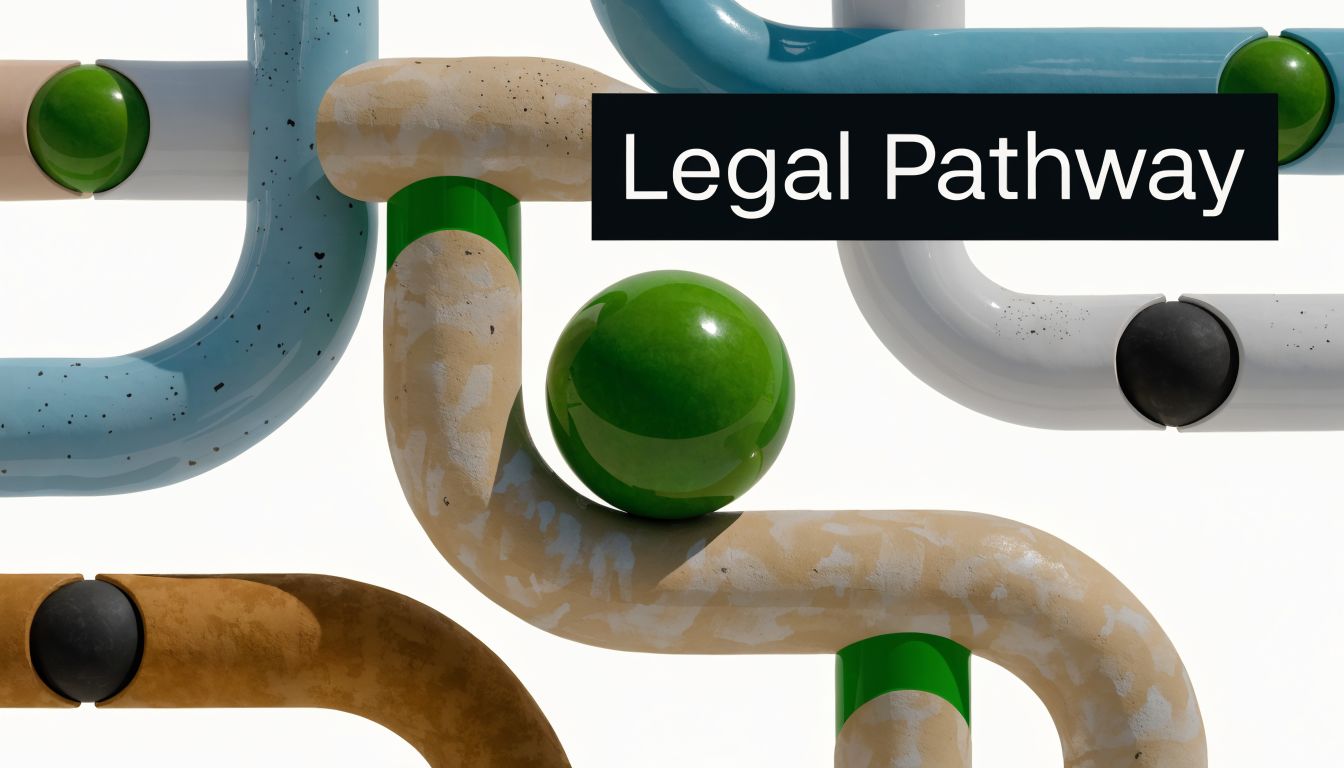 A 3D abstract graphic showing interconnected pipes and a large green sphere titled Legal Pathway.