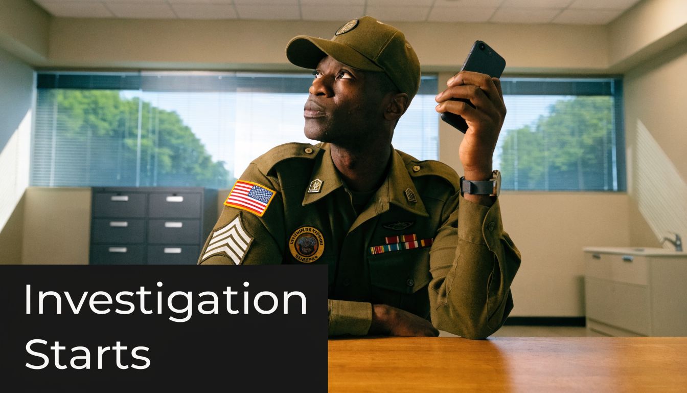 A soldier in uniform sits at a desk holding a smartphone, representing military legal investigation services.