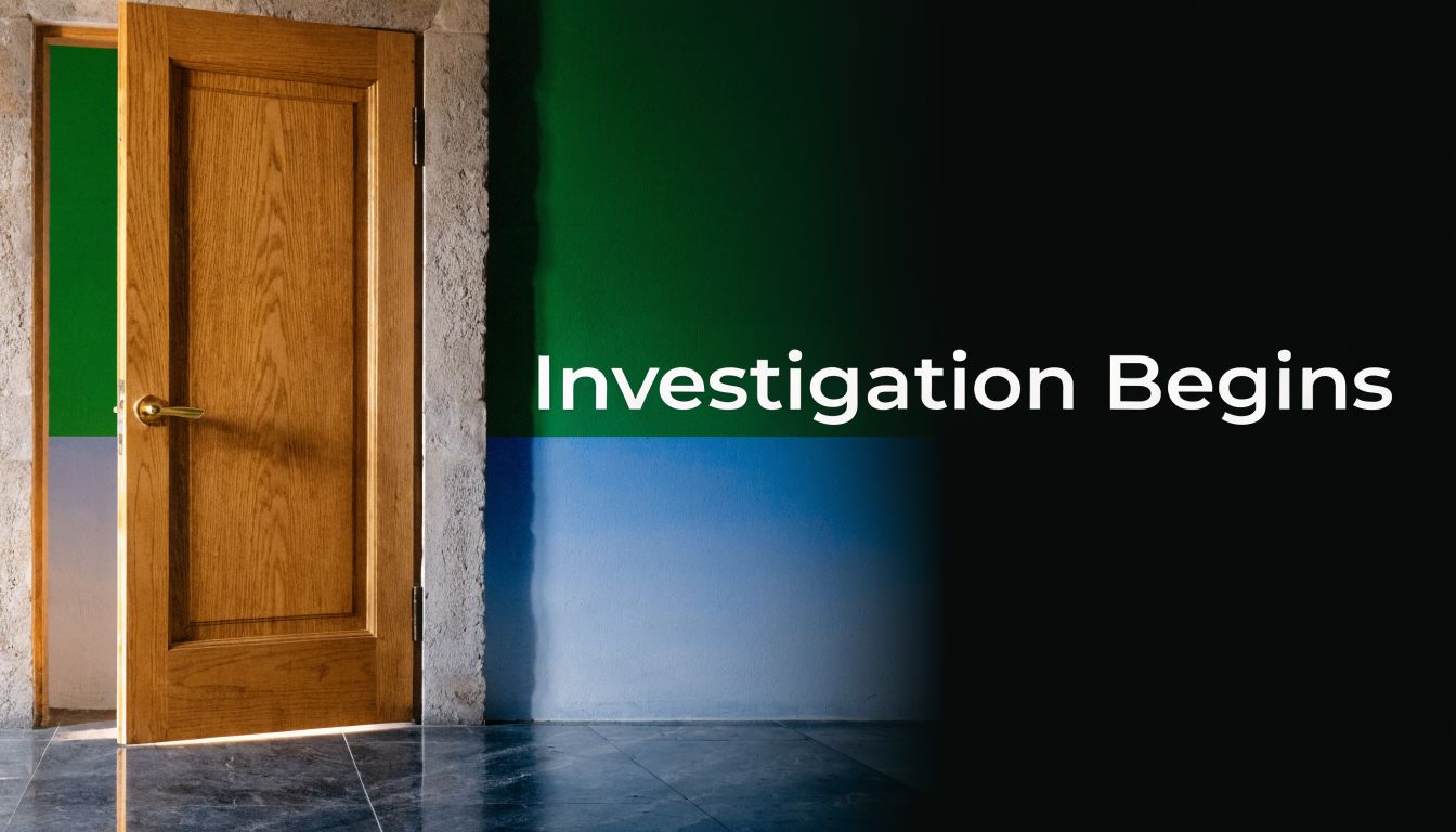A wooden door standing slightly open against a split-colored wall with text saying Investigation Begins.