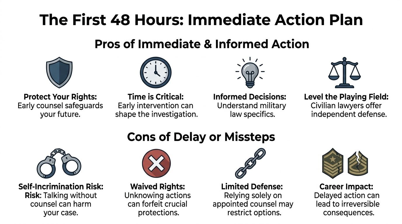 An infographic detailing the pros and cons of taking immediate legal action within the first 48 hours for military personnel.