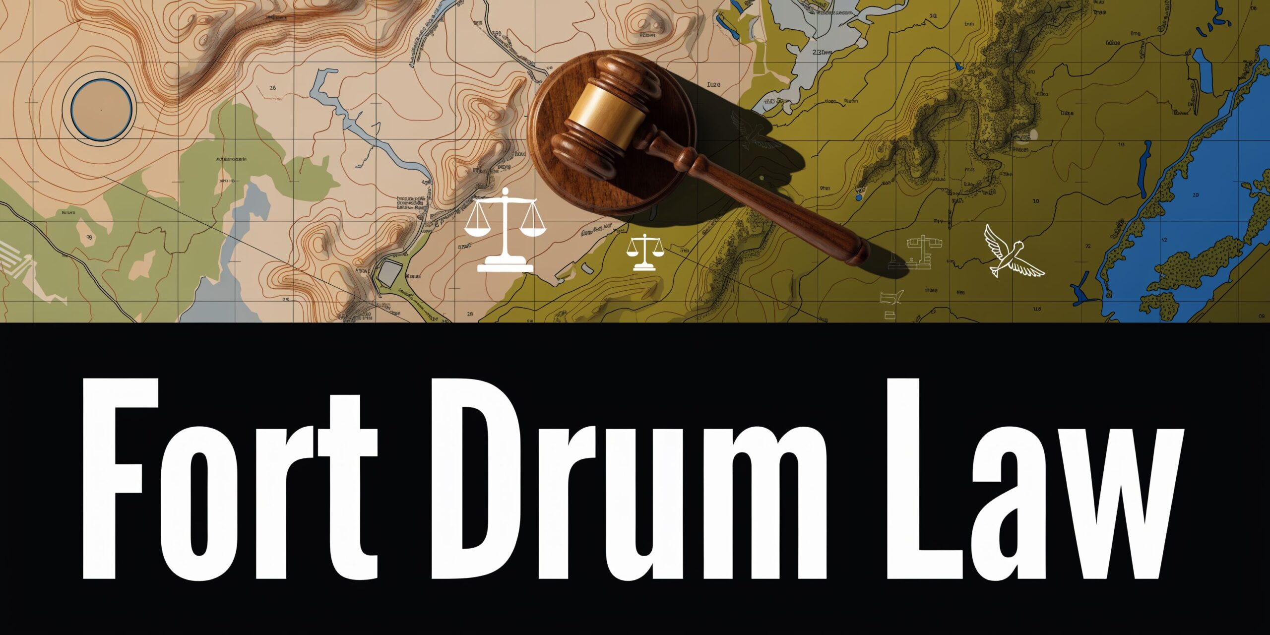 A wooden gavel resting on a topographic map with scales of justice and a bird icon.