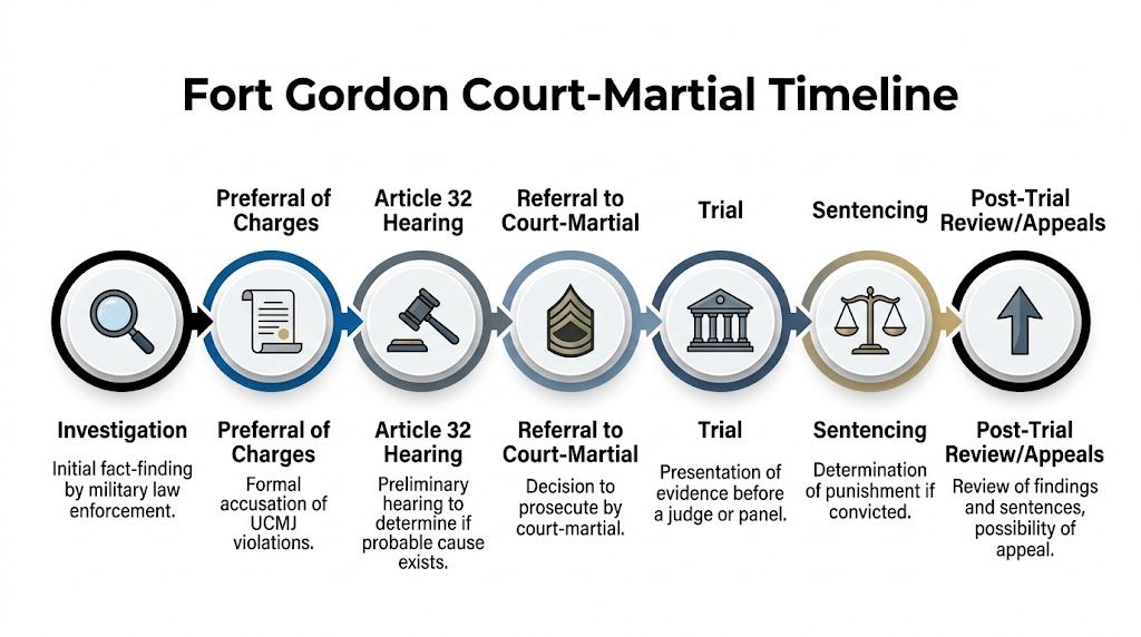 A flow chart outlining the step-by-step timeline of a court-martial process at Fort Gordon military installation.
