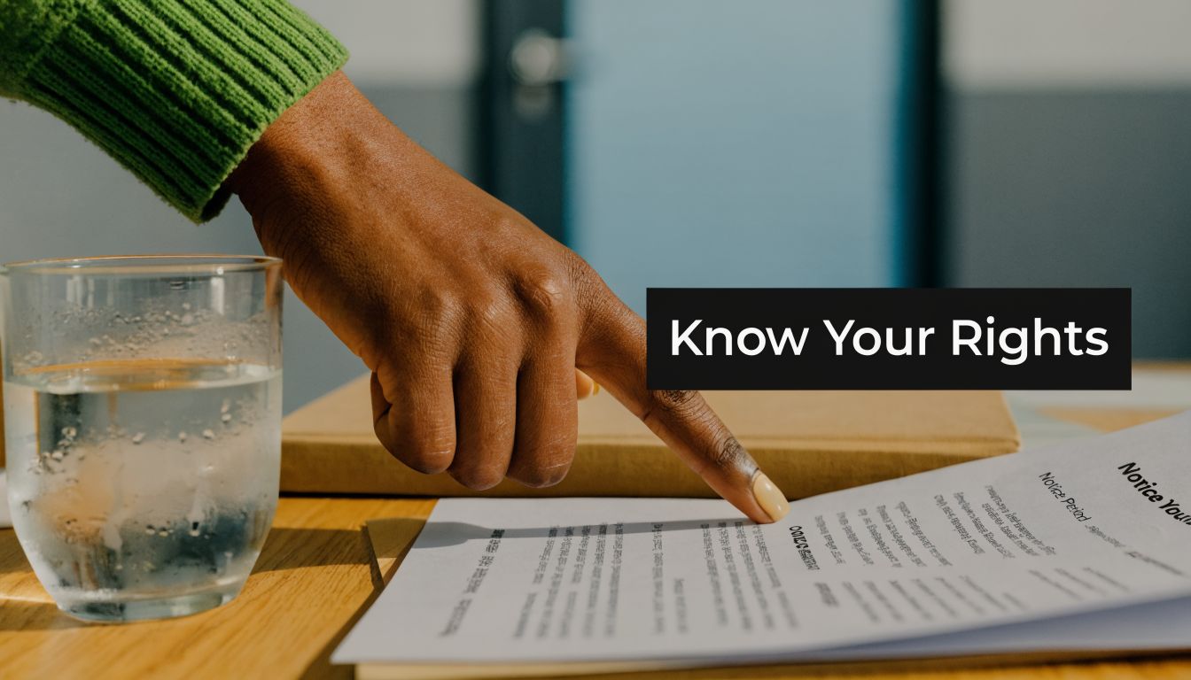 A person points to a document while reviewing information about legal rights at a desk.