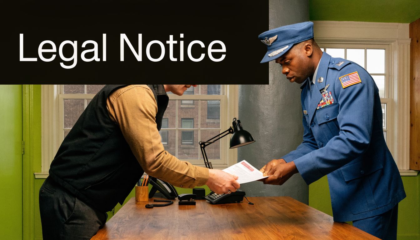 A military officer in uniform hands a legal document to a civilian across a wooden office desk.